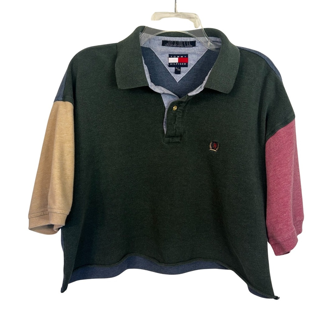 Tommy Hilfiger Green and Blue Oversized Polo Crop Top